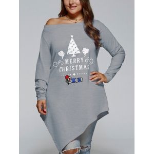 

Christmas Skew Neck Plus Size Asymmetrical T-shirt, Gray
