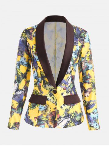 Trendy Butterfly Print Organza Panel Lapel Blazer YELLOW XL