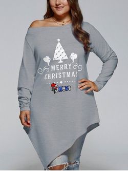 Christmas Skew Neck Plus Size Asymmetrical T-shirt - GRAY - 3XL