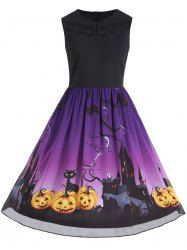 Halloween Pumpkin Round Neck Printed Wave Stripe Casual Dresses