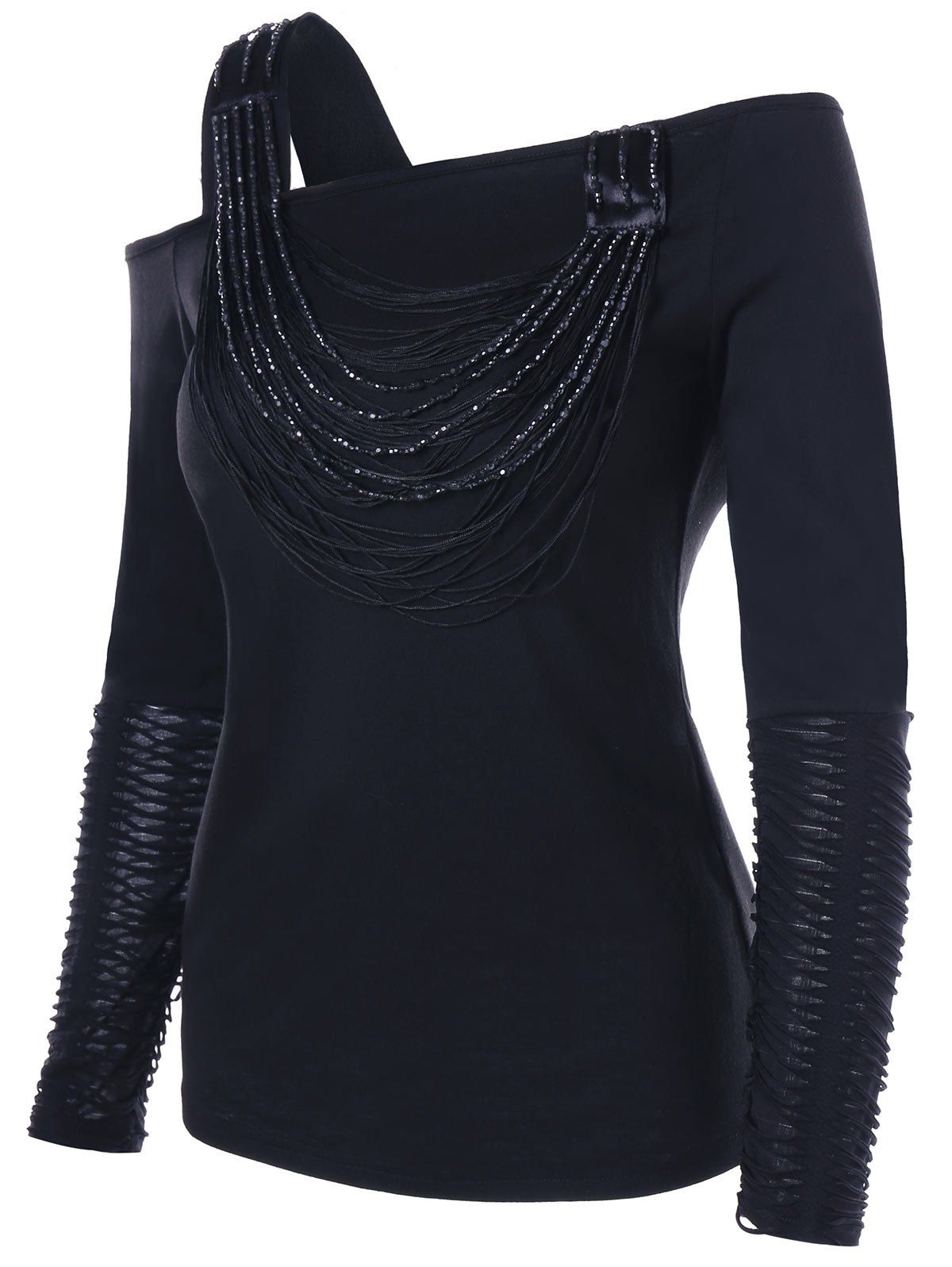 

Distressed Long Sleeve Beaded One Shoulder Top, Black