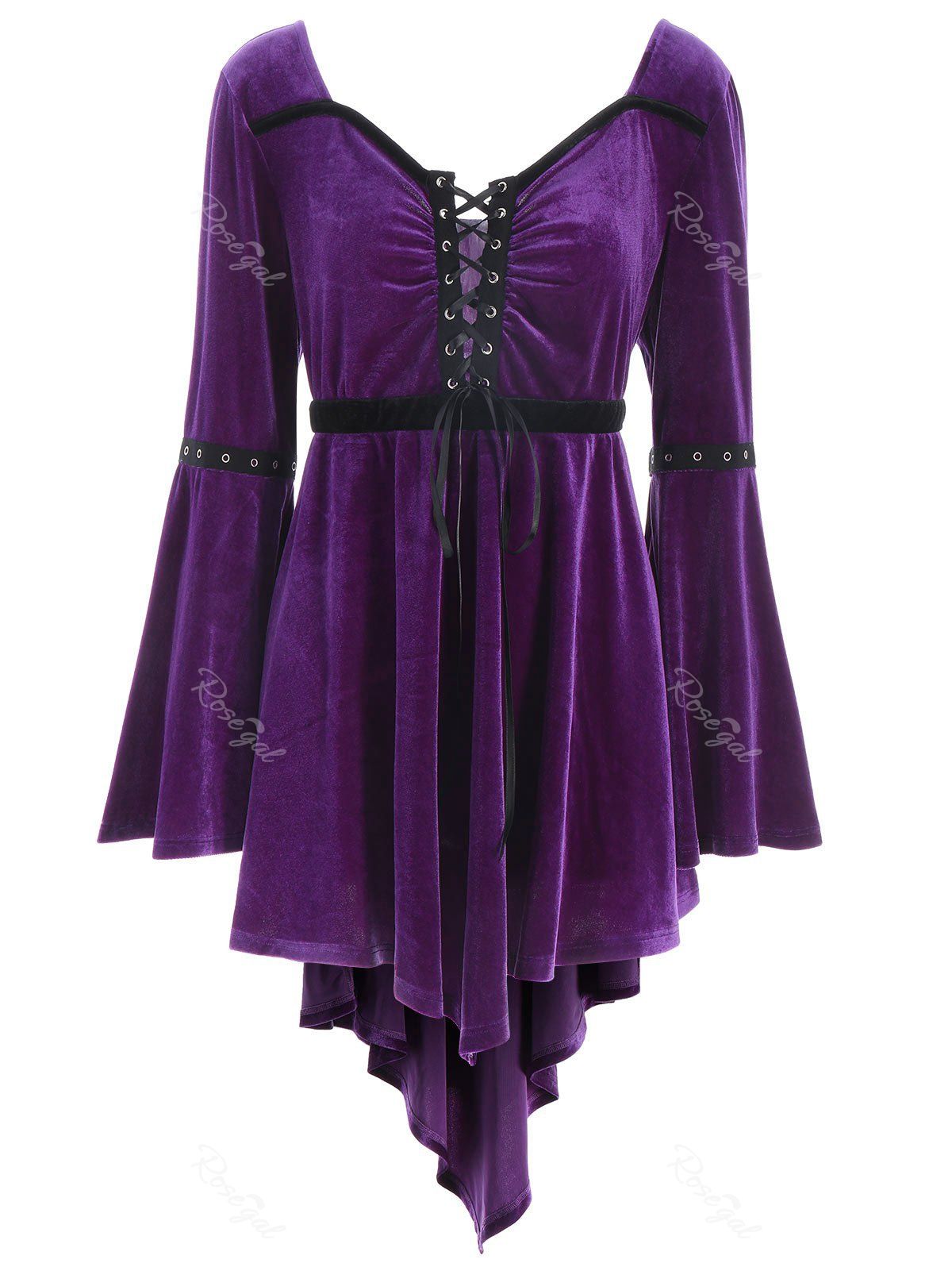 

Plus Size Lace Up High Low Velvet T-shirt, Purple
