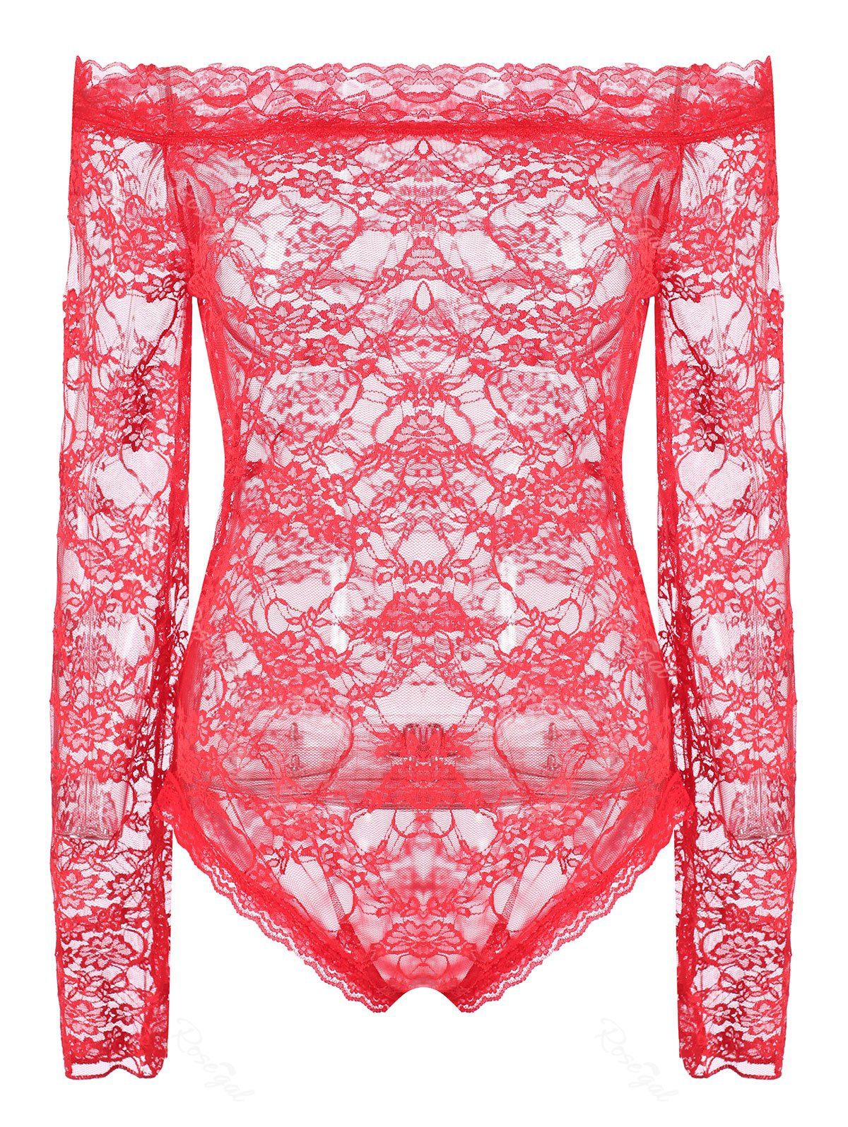 

Plus Size Lace Off Shoulder Sheer Teddy, Red