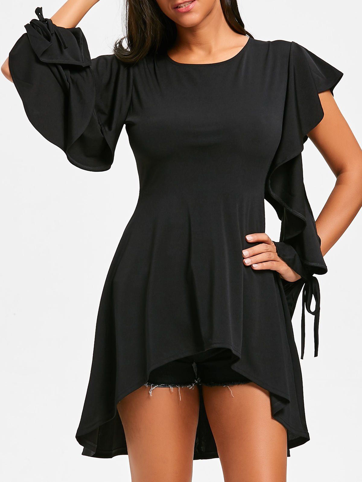 

Split Sleeve High Low Mini A Line Skater Dress, Black