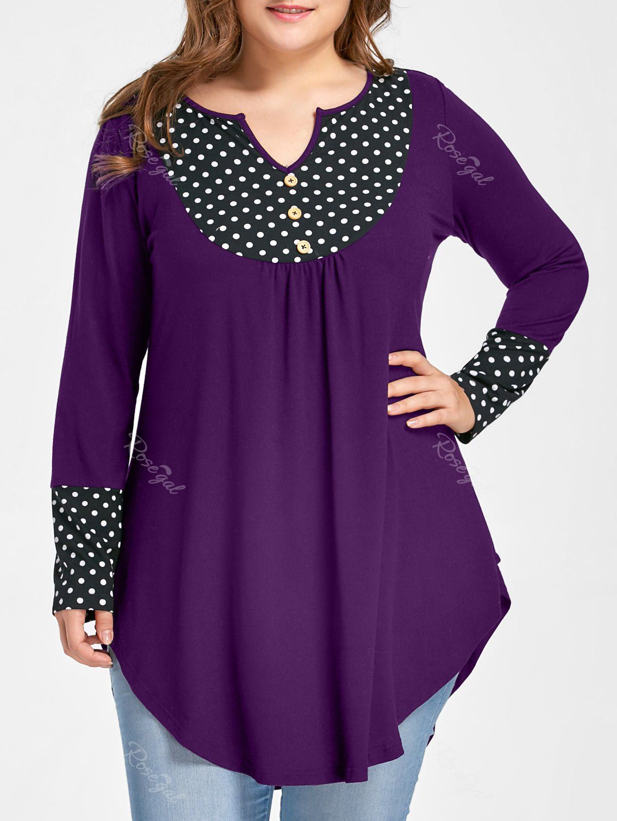 

Plus Size Polka Dot Curved Hem Top, Purple