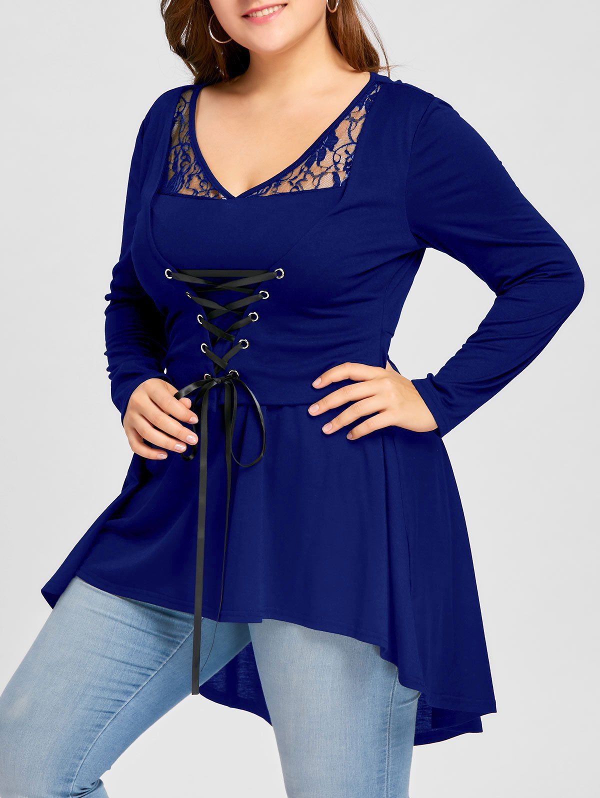 2019 plus size lace up wave hem blouse