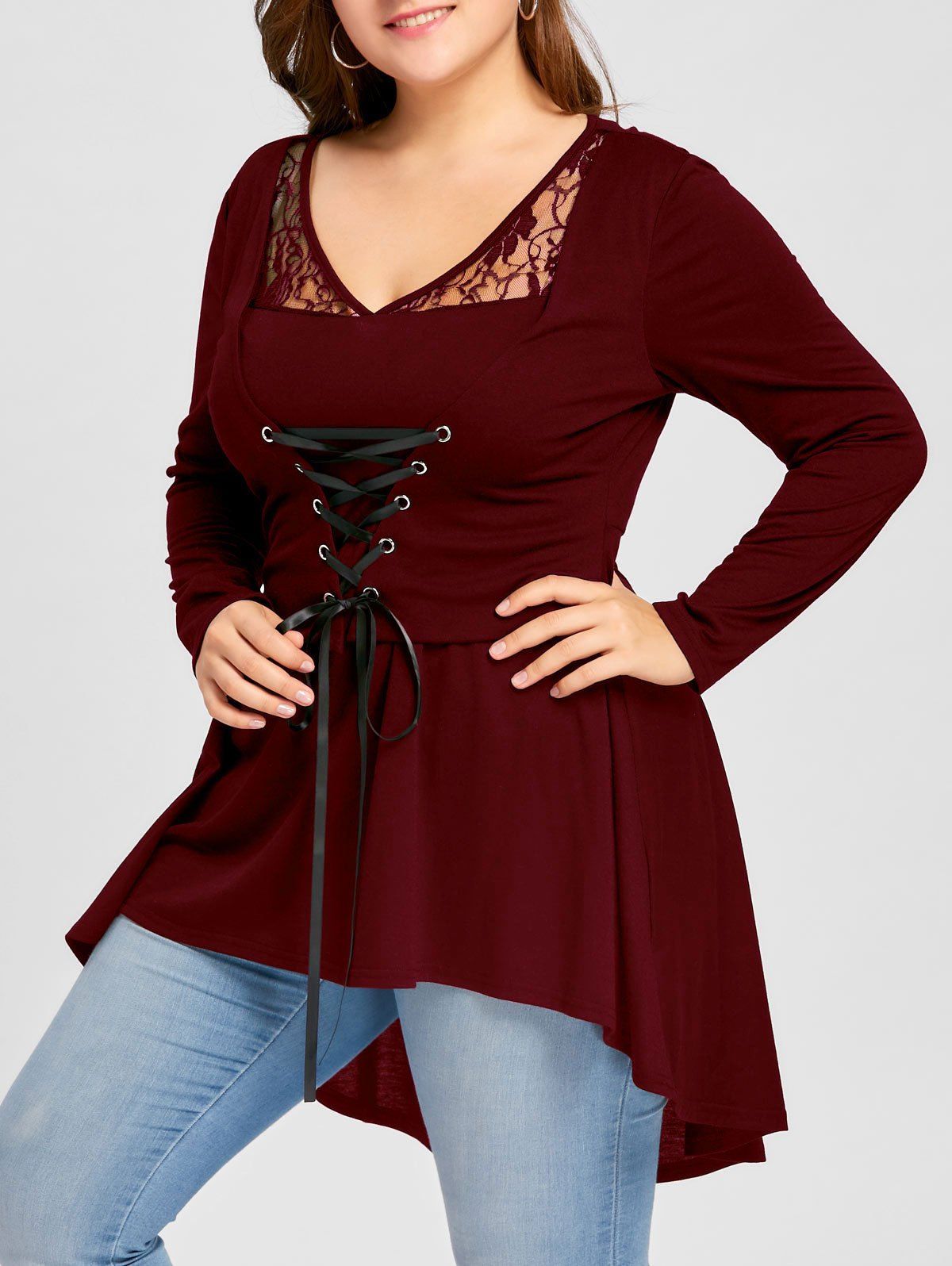 

Plus Size Lace Up High Low Gothic Top, Wine red