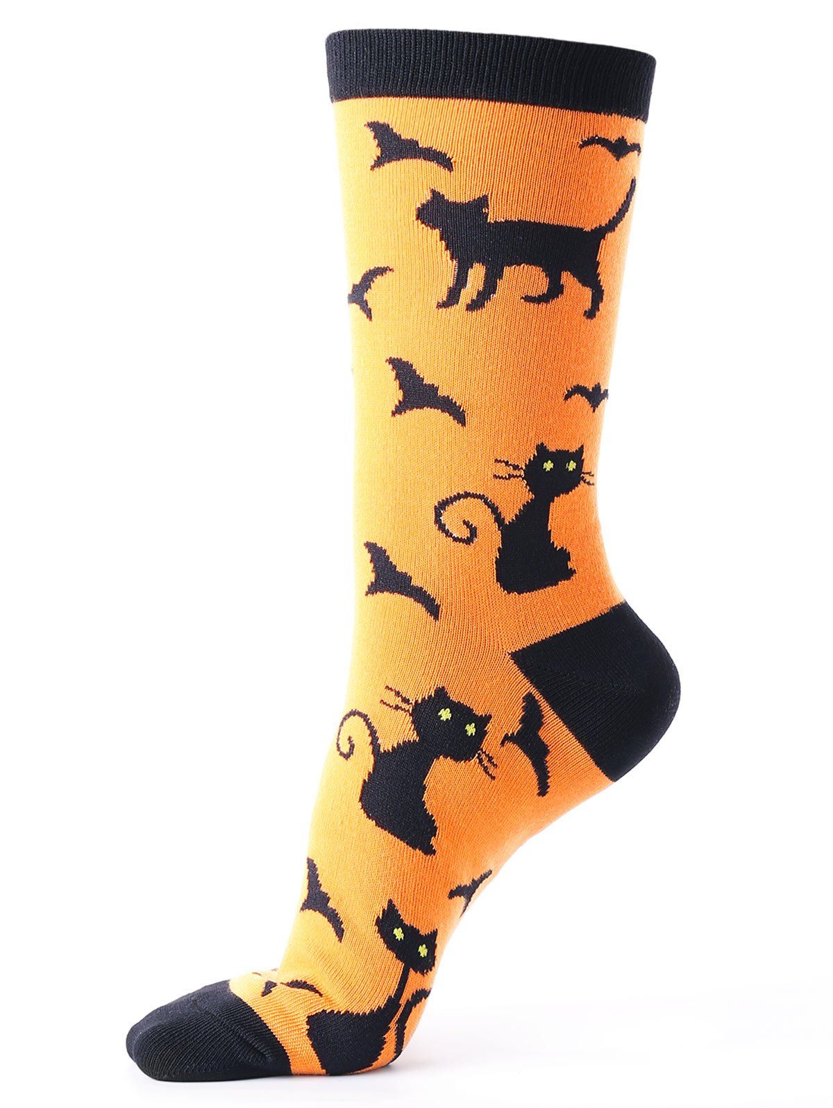 

Halloween Calf Socks with Cats Bats Pattern, Orange