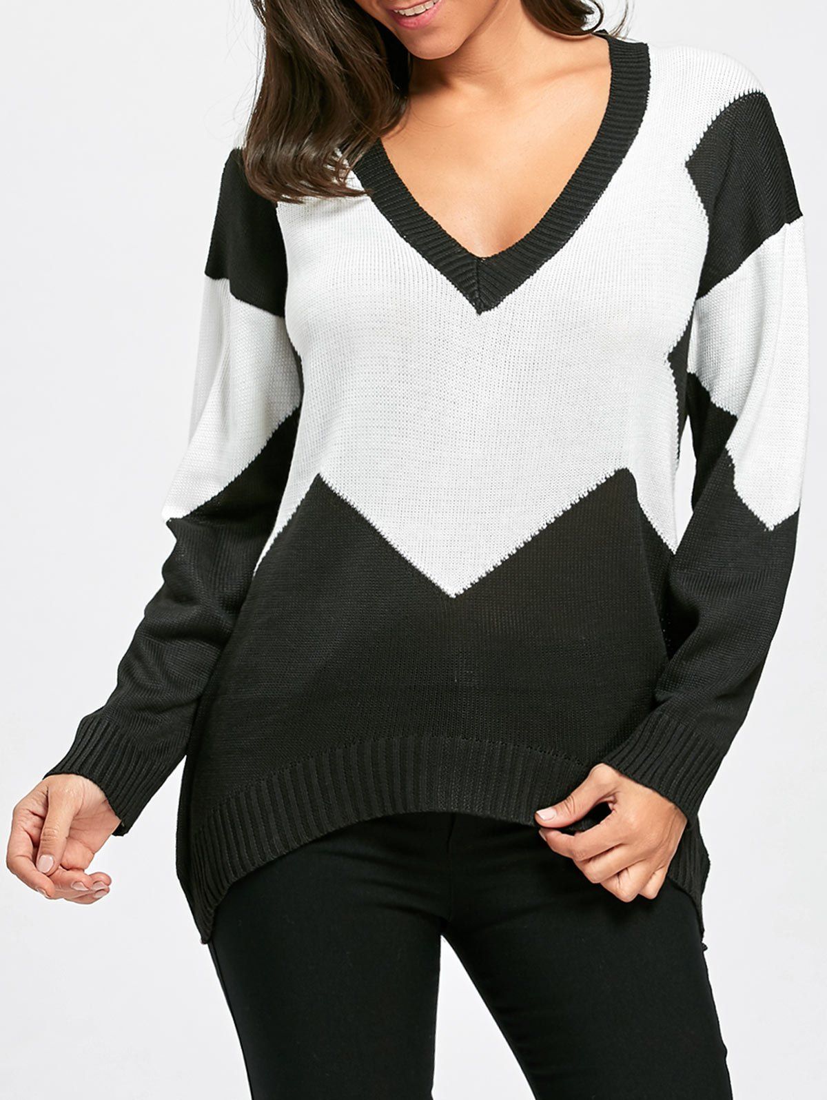 

Deep V Neck Two Tone Color Sweater, Black white