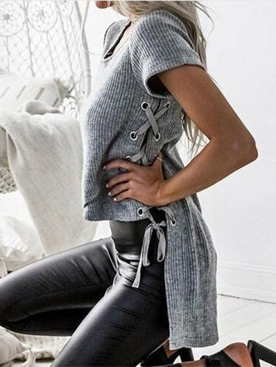 

High Low Lace-up Knitted Top, Gray