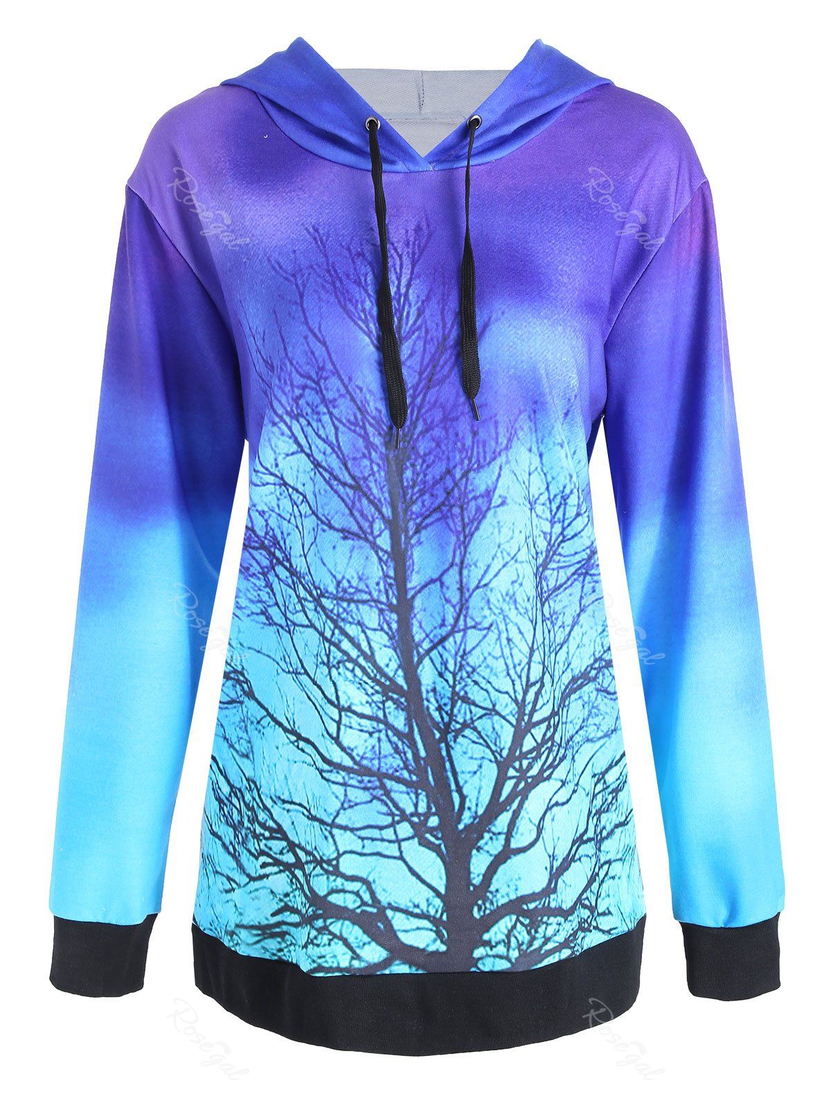 

Plus Size Colorful Tree Galaxy Printed Hoodie, Blue