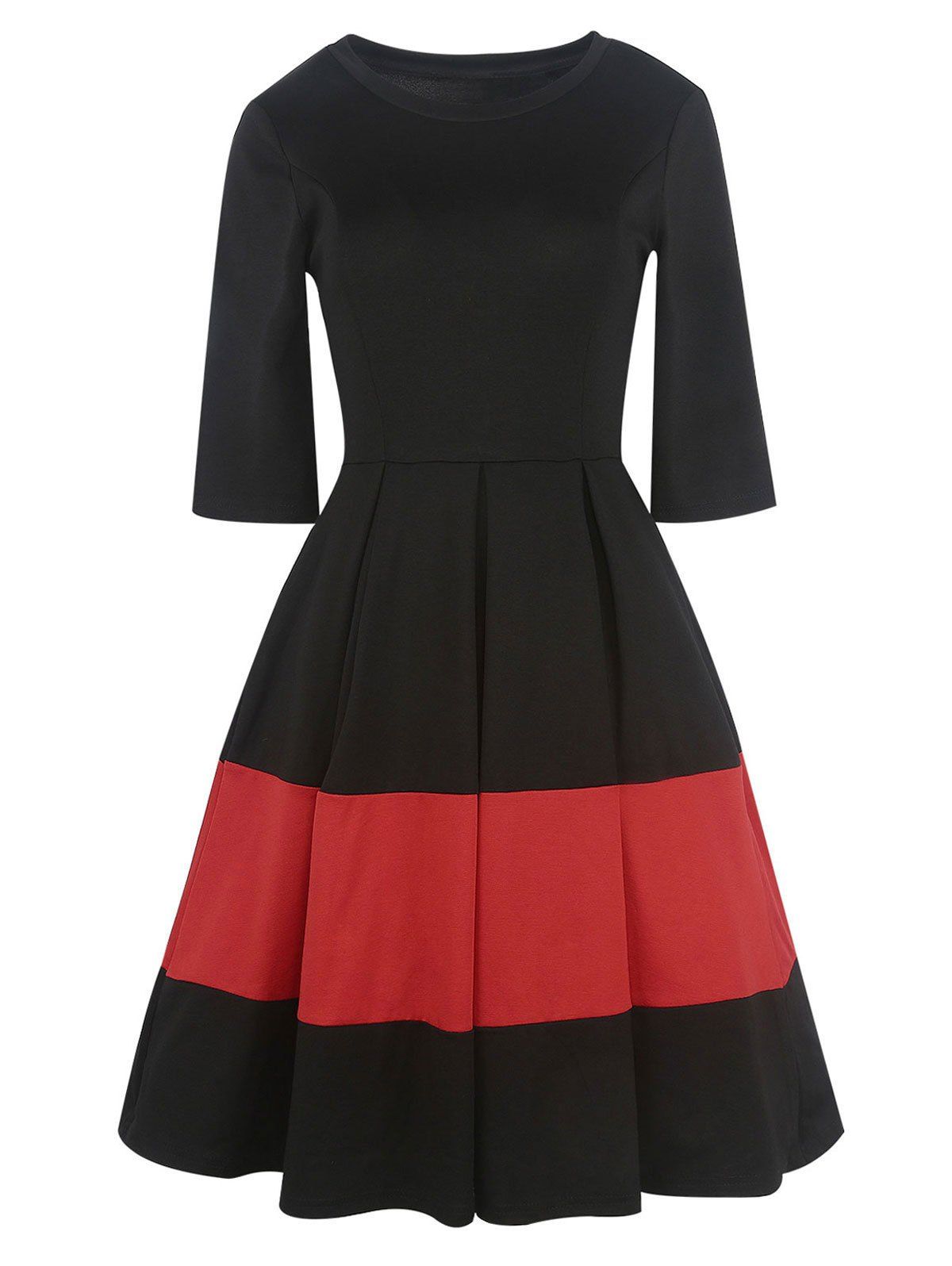 

Vintage Two Tone Pleated A Line Dress, Black