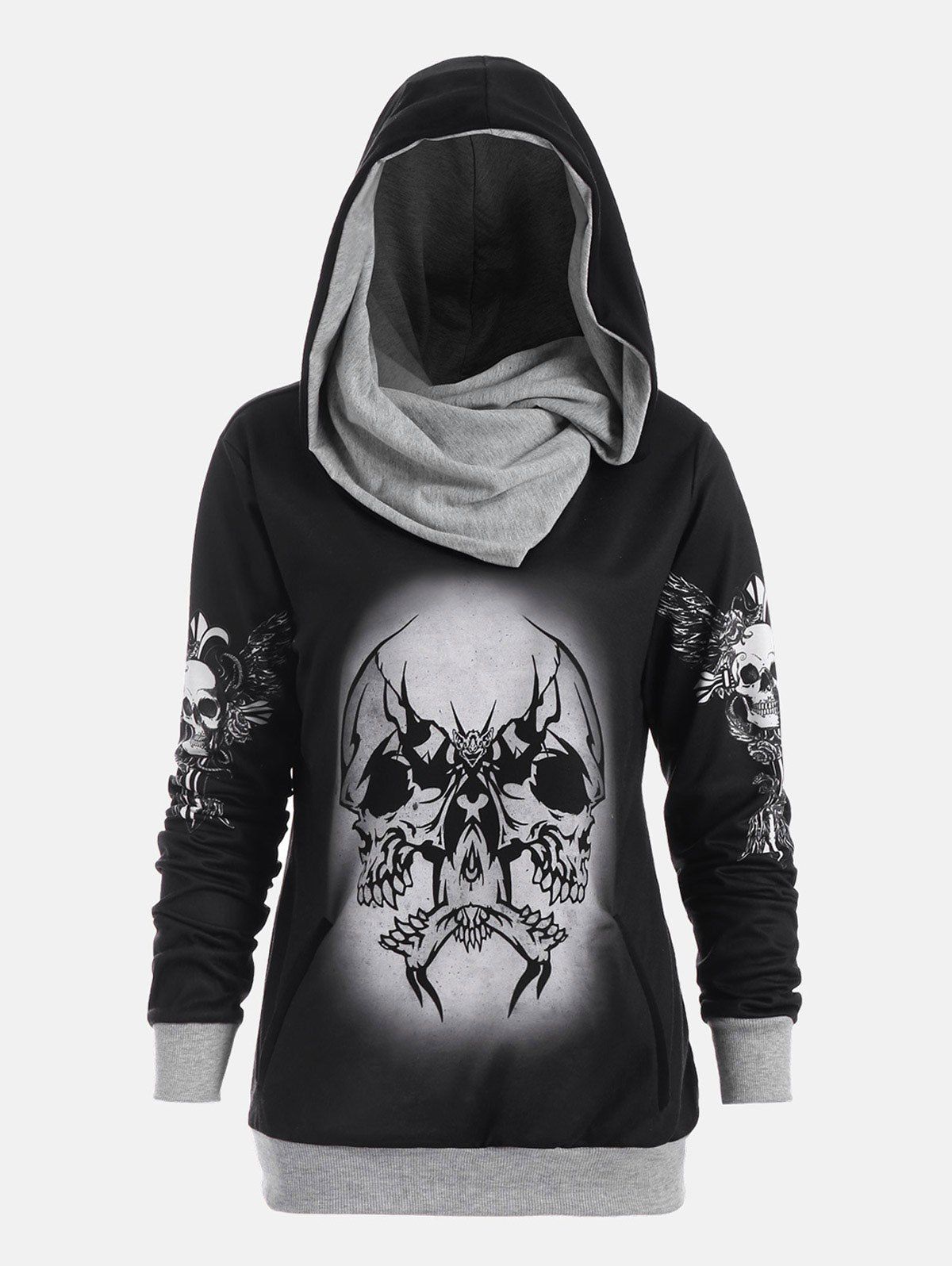 

Halloween Skull and Wings Print Hoodie, Gray