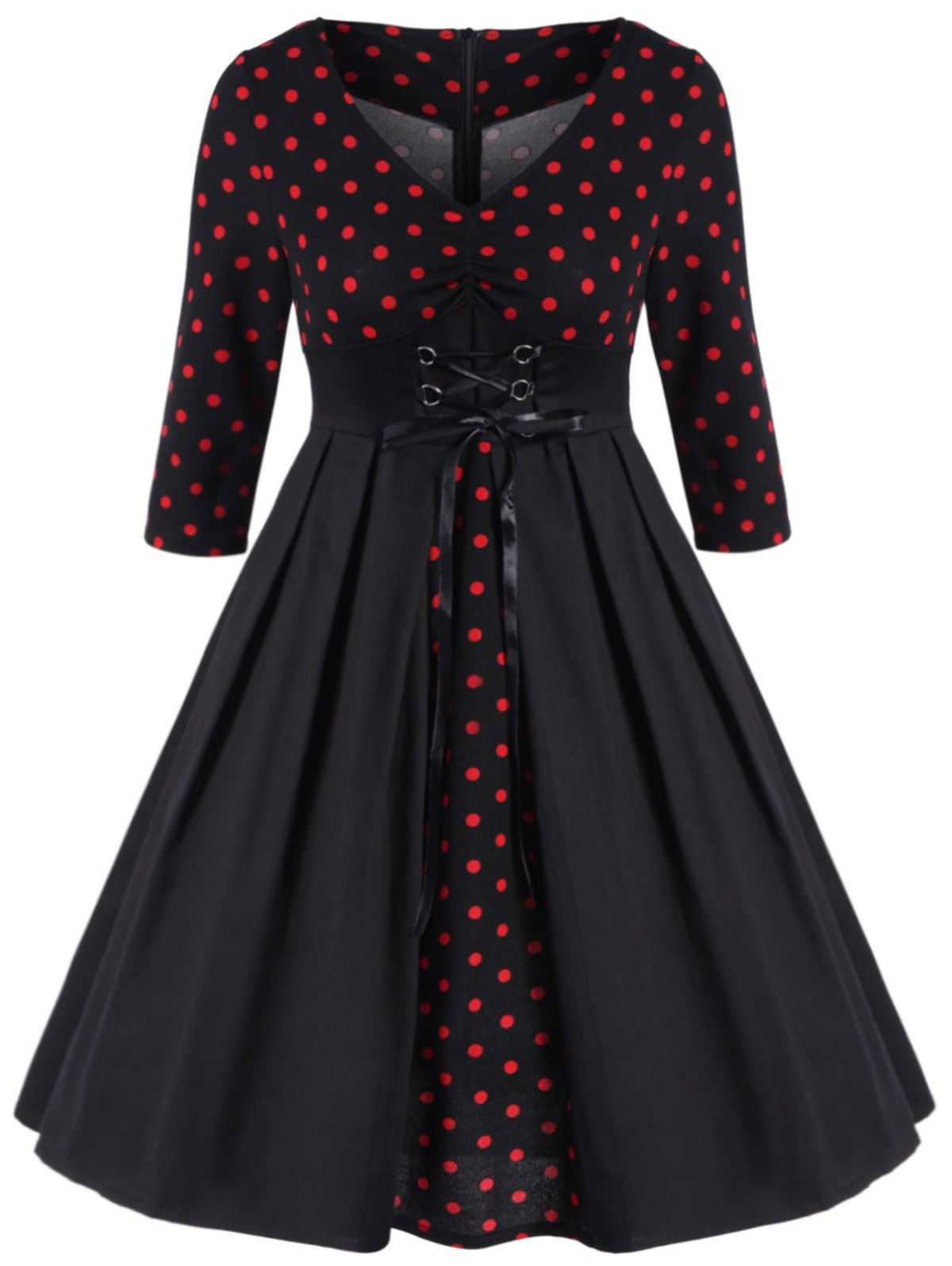 [14% OFF] Lace Up Polka Dot Print 50s Dress | Rosegal