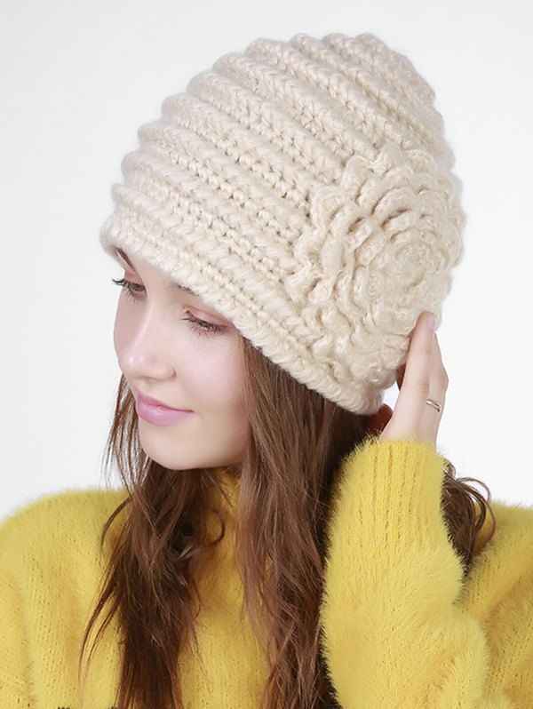 

Vintage Floral Embroidery Pattern Stripe Knit Hat, Beige