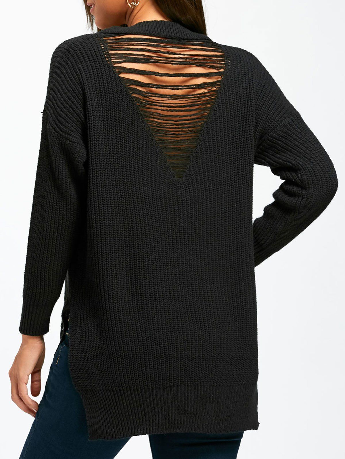 Shop Long Sleeve Slide Slit Distressed Sweater  