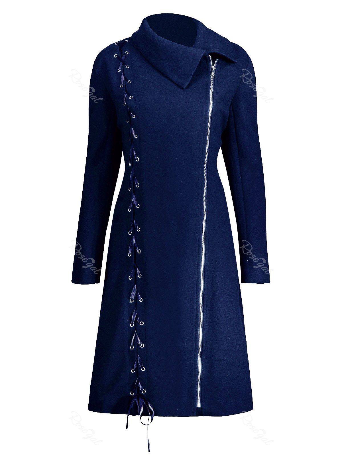 

Zip Up Plus Size Lace Up Coat, Blue