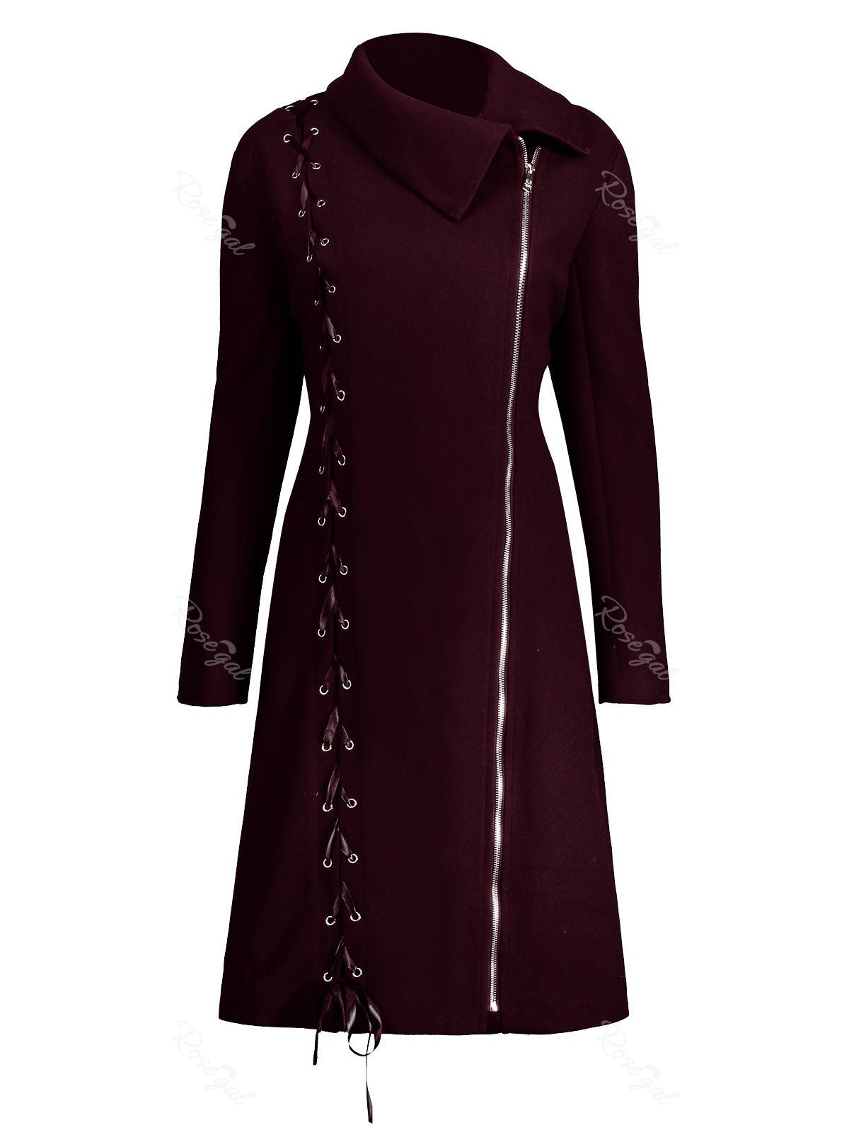 

Zip Up Plus Size Lace Up Coat, Wine red