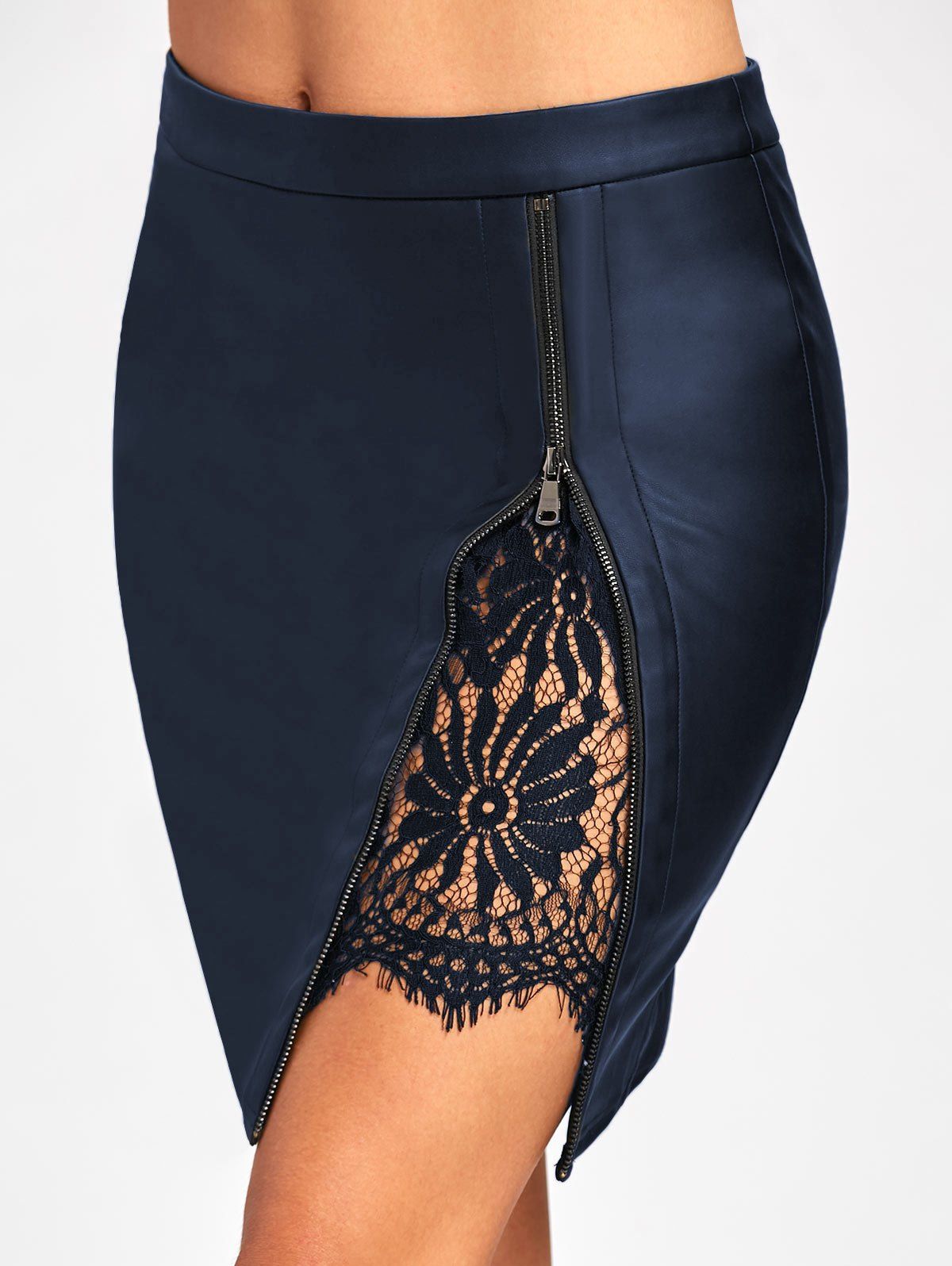 

Lace Insert Faux Leather Bodycon Skirt, Cadetblue