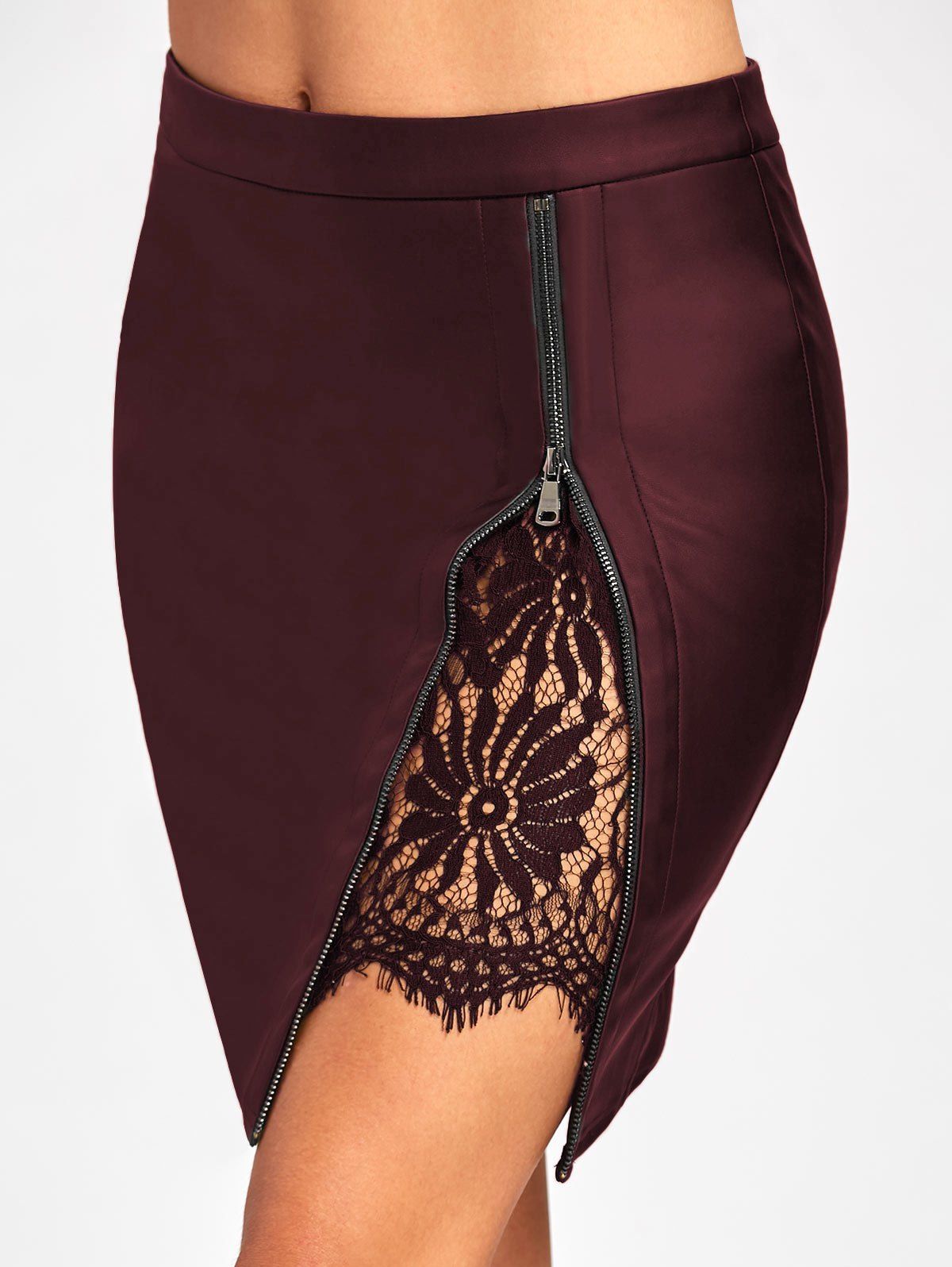 

Lace Insert Faux Leather Bodycon Skirt, Claret