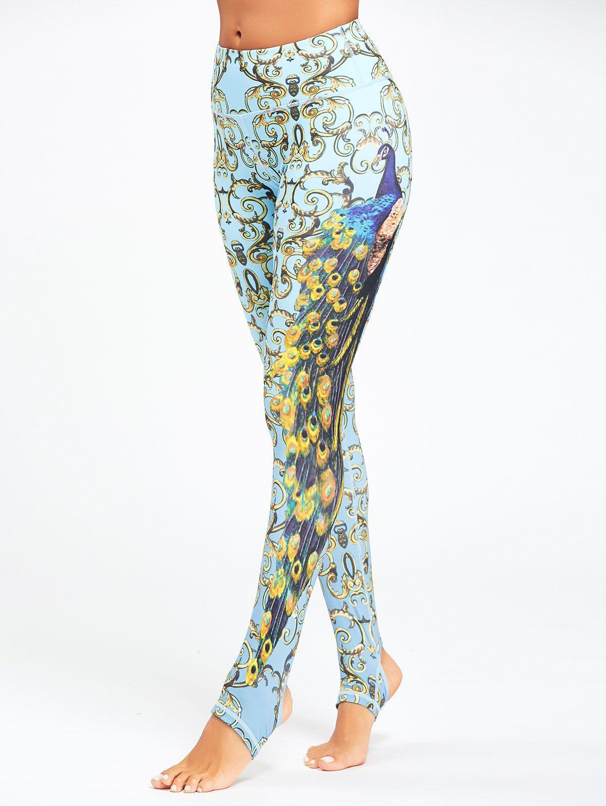 [63 OFF] Peacock Print Yoga Stirrup Leggings Rosegal