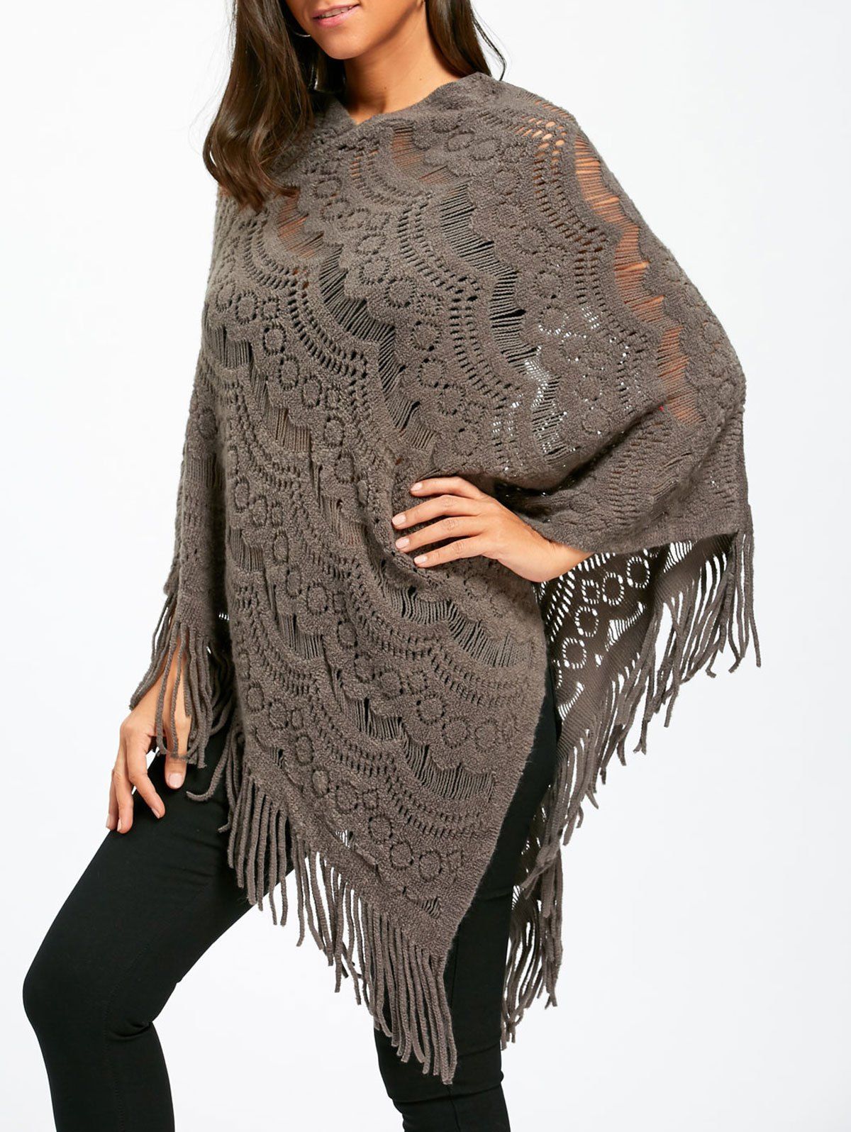 

Asymmetric Fringed Pullover Chunky Poncho Sweater, Gray