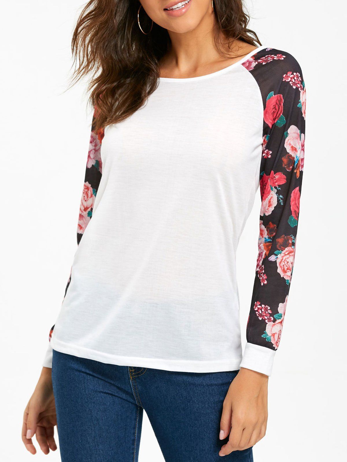 [42 OFF] Raglan Sleeve Floral Baseball Tshirt Rosegal