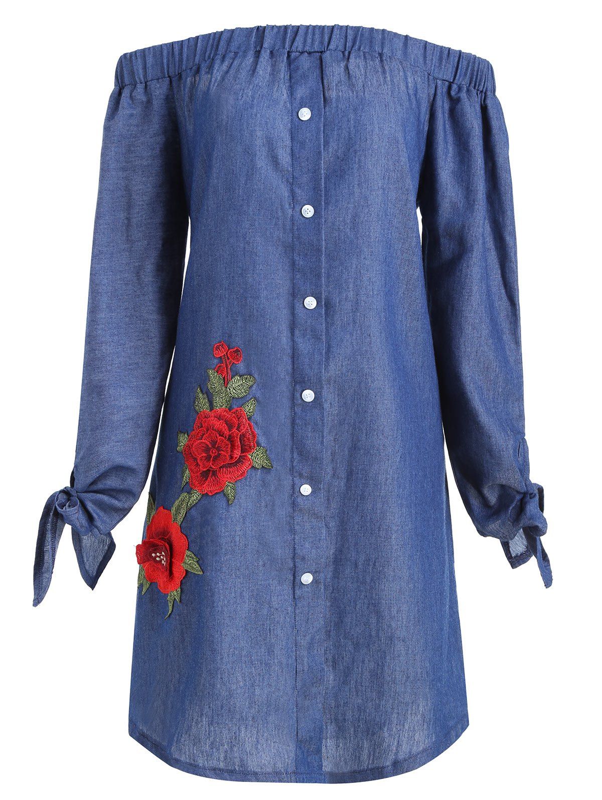 

Plus Size Chambray Off Shoulder Floral Applique Dress, Denim blue