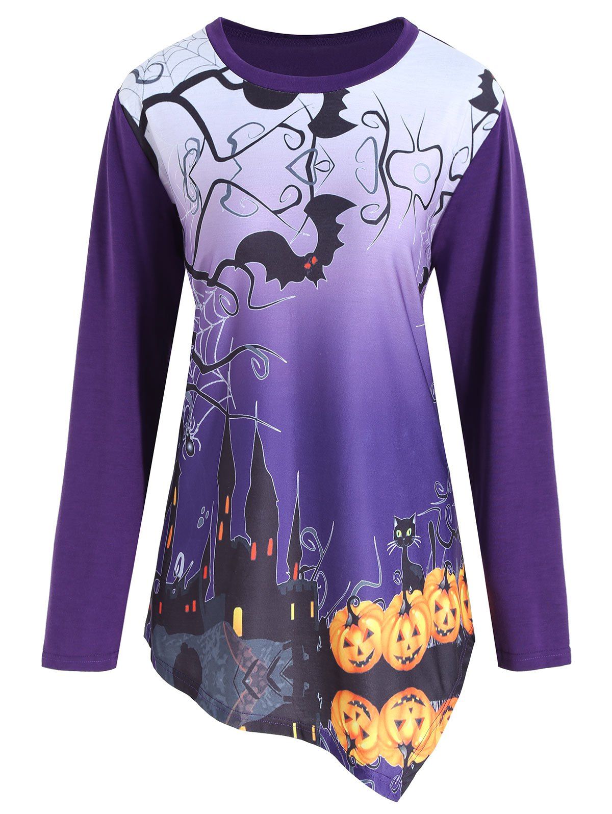 

Plus Size Asymmetrical Halloween Pumpkin Tee, Purple