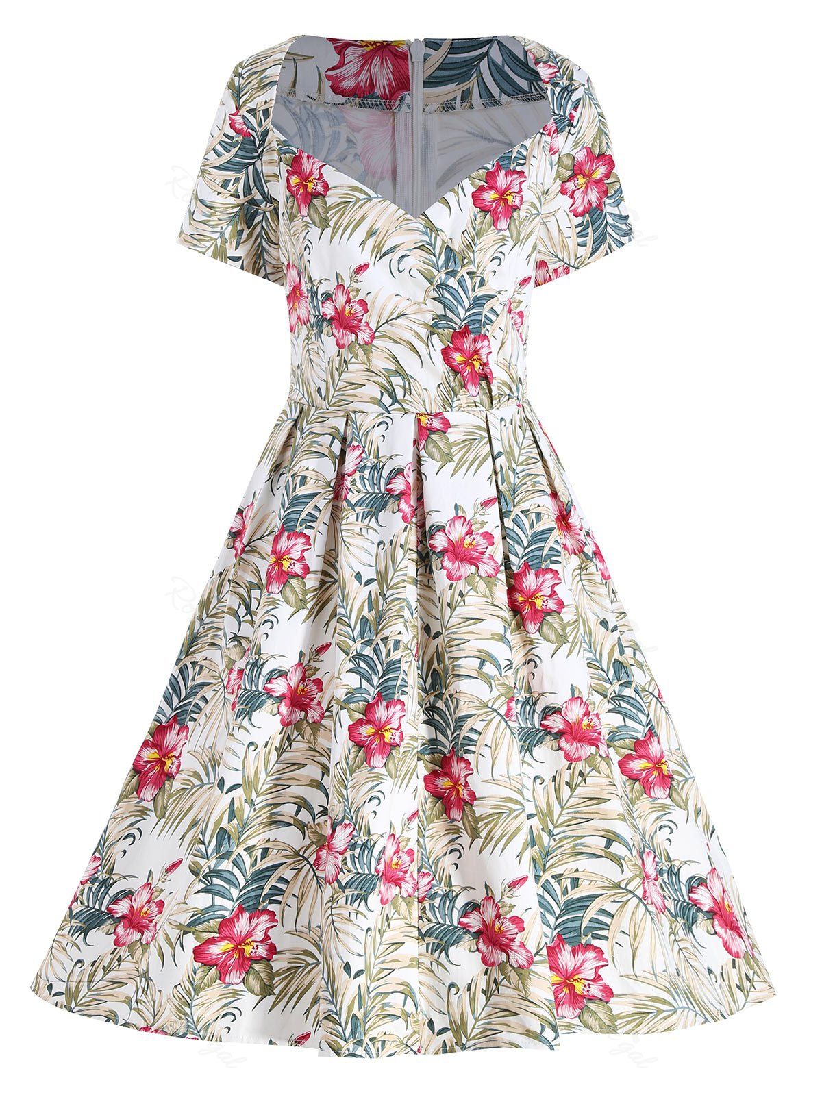 

Plus Size Surplice Floral Leaf Print Dress, Off-white