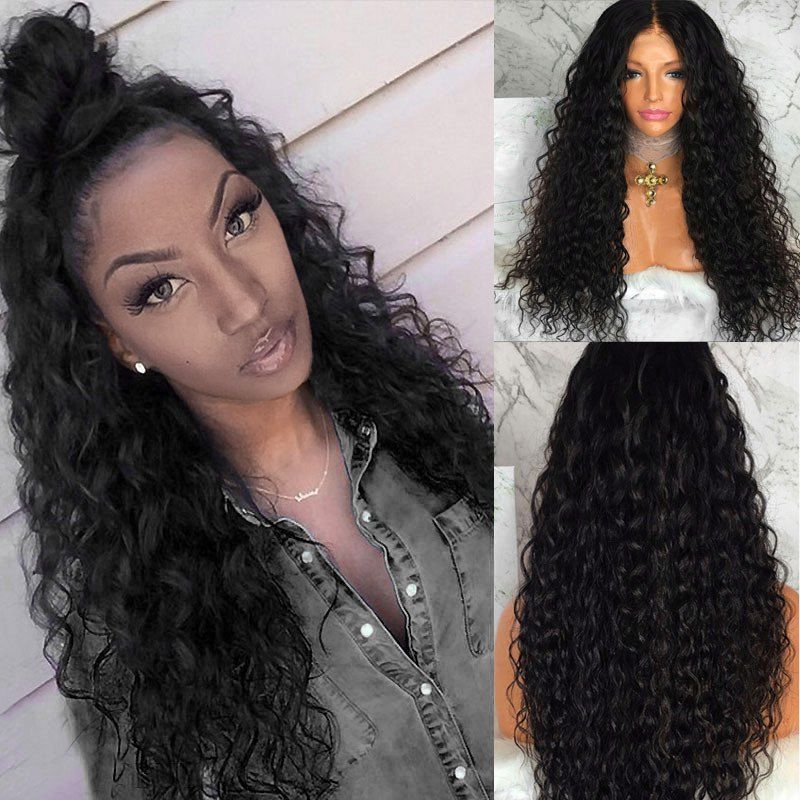 

Long Free Part Fluffy Water Wave Synthetic Lace Front Wig, Black