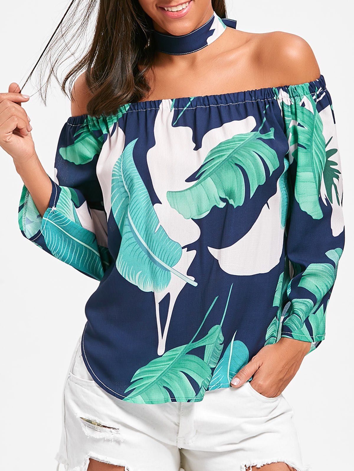 

Leaves Print Off The Shoulder Blouse, Purplish blue