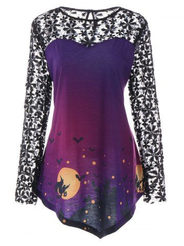 Halloween Print Lace Panel Long Sleeve T-shirt - Purple - Xl