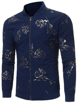 Rose Print Zip Up Casual Jacket - PURPLISH BLUE - S