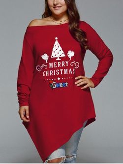 Christmas Skew Neck Plus Size Camiseta asimétrica - WINE RED - 3XL