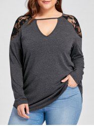 affordable plus size lace yoke lattice u neck top