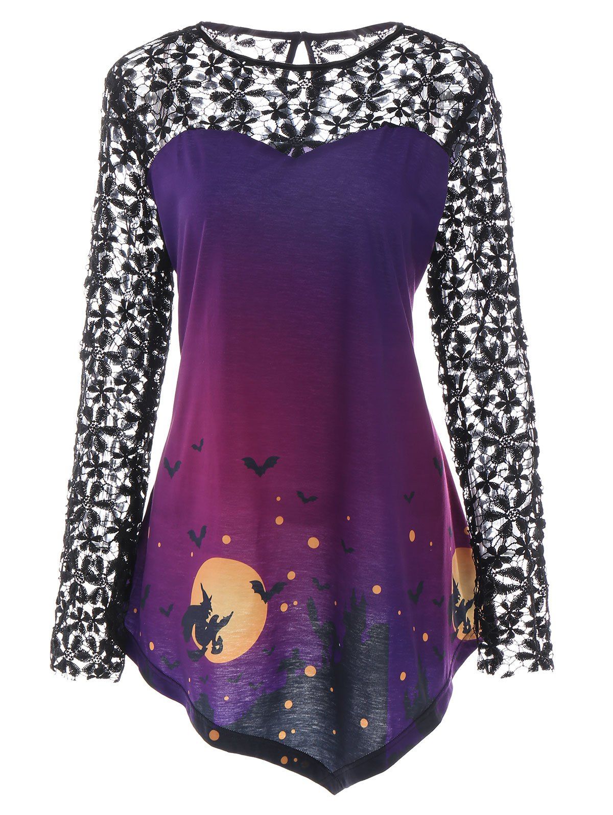 

Halloween Print Lace Panel Long Sleeve T-shirt, Purple