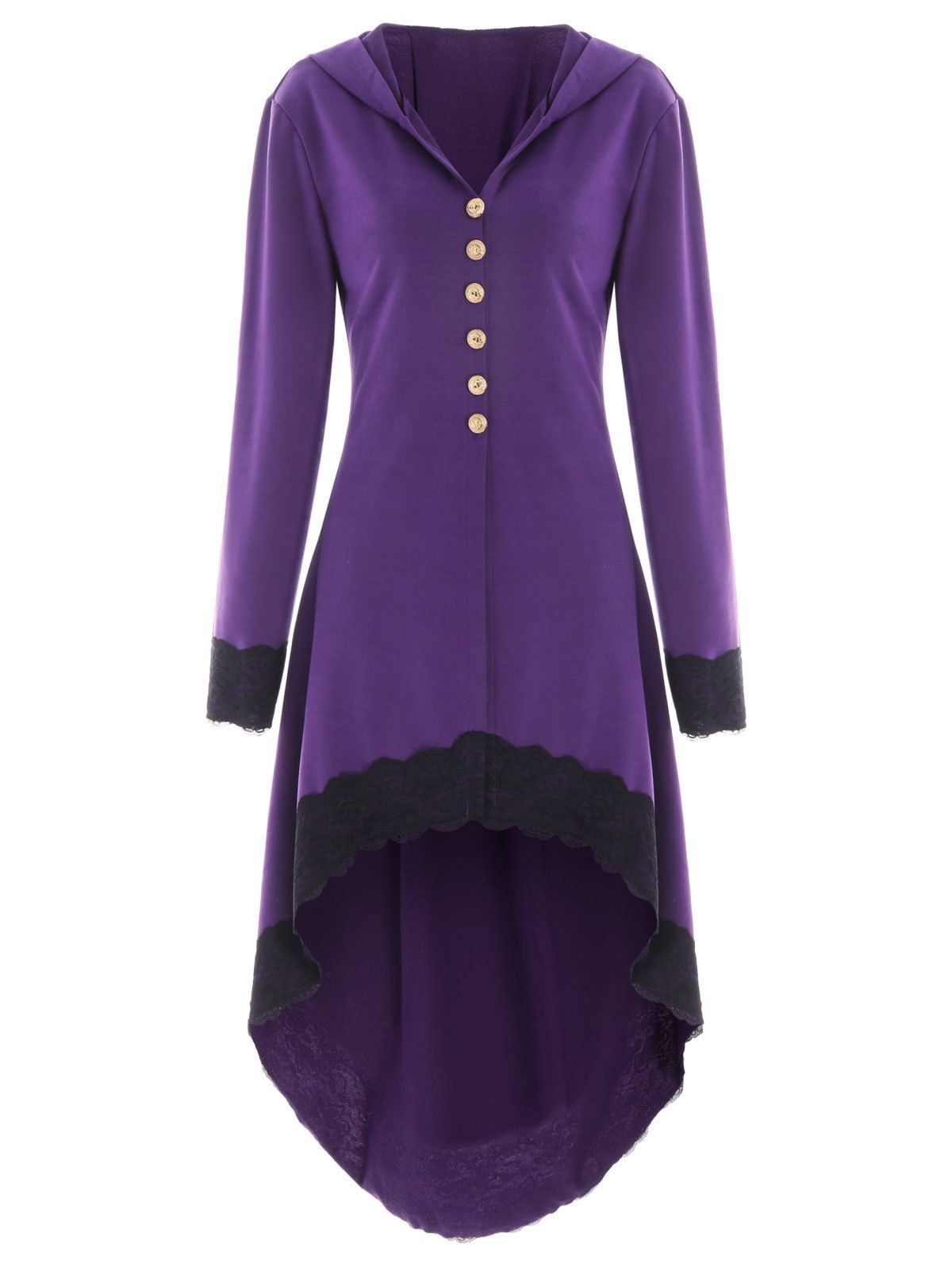 

Hooded Lace Insert Lace-up High Low Coat, Purple