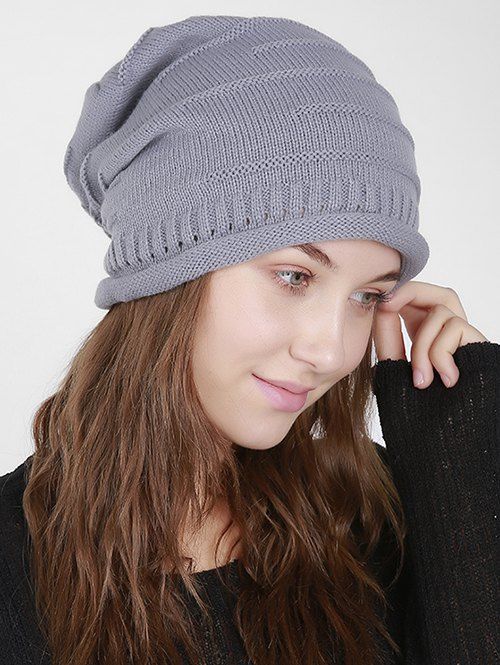 

Slouchy Knit Hat with Stripy, Light gray