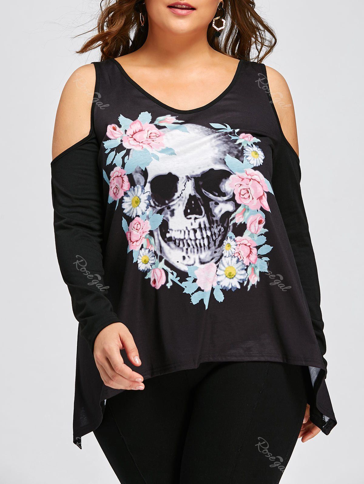 

Halloween Plus Size Skull Open Shoulder Top, Black