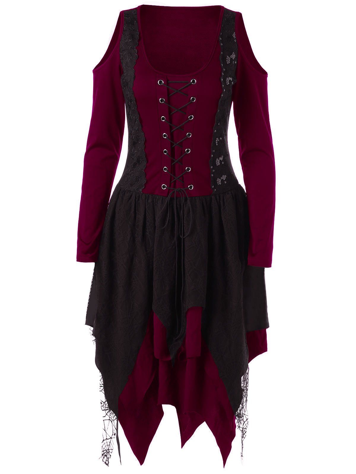 

Halloween Lace Up Handkerchief Layered Gothic Dress, Red