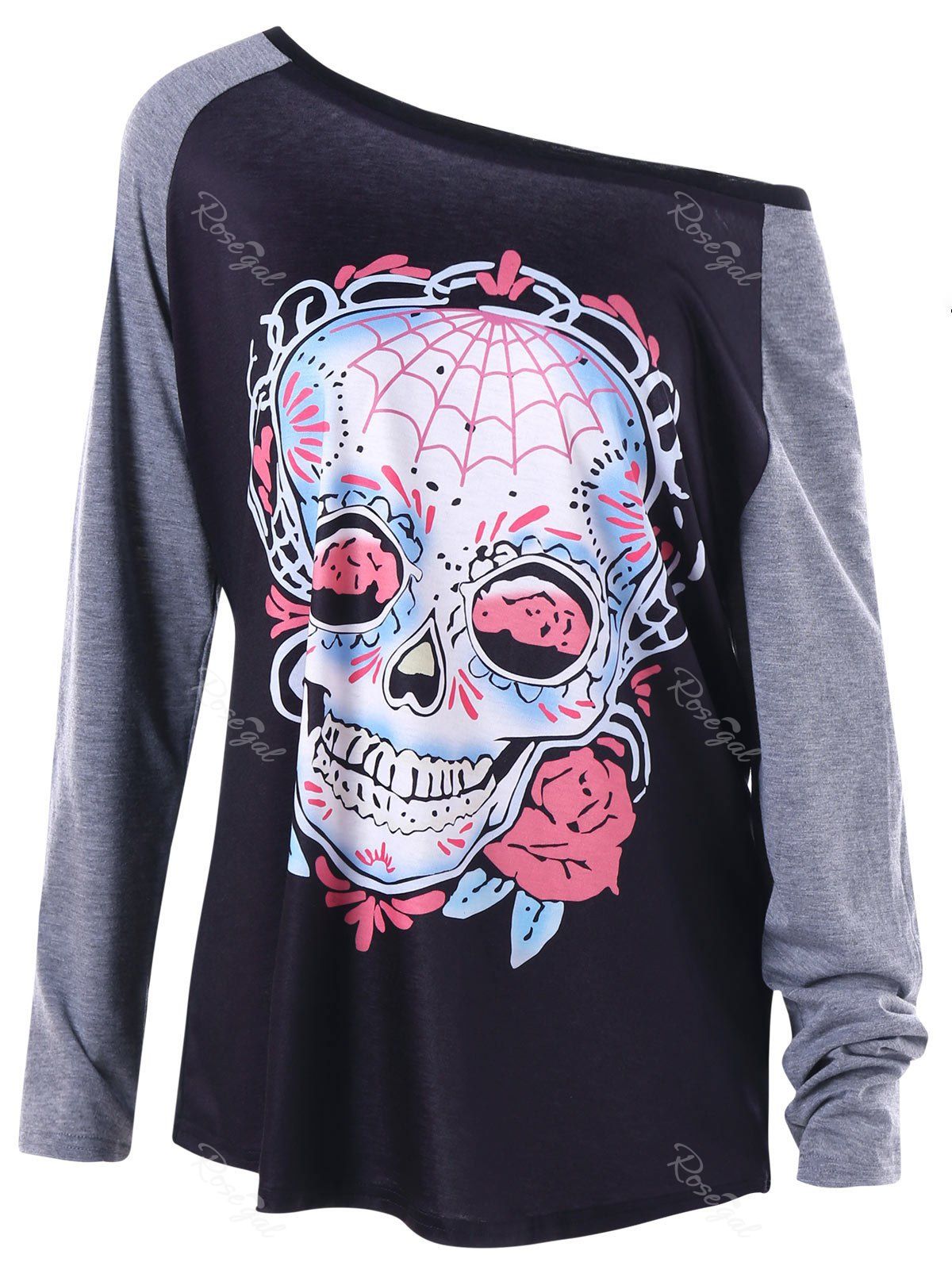

Halloween Plus Size Raglan Sleeve Skull T-shirt, Dark grey