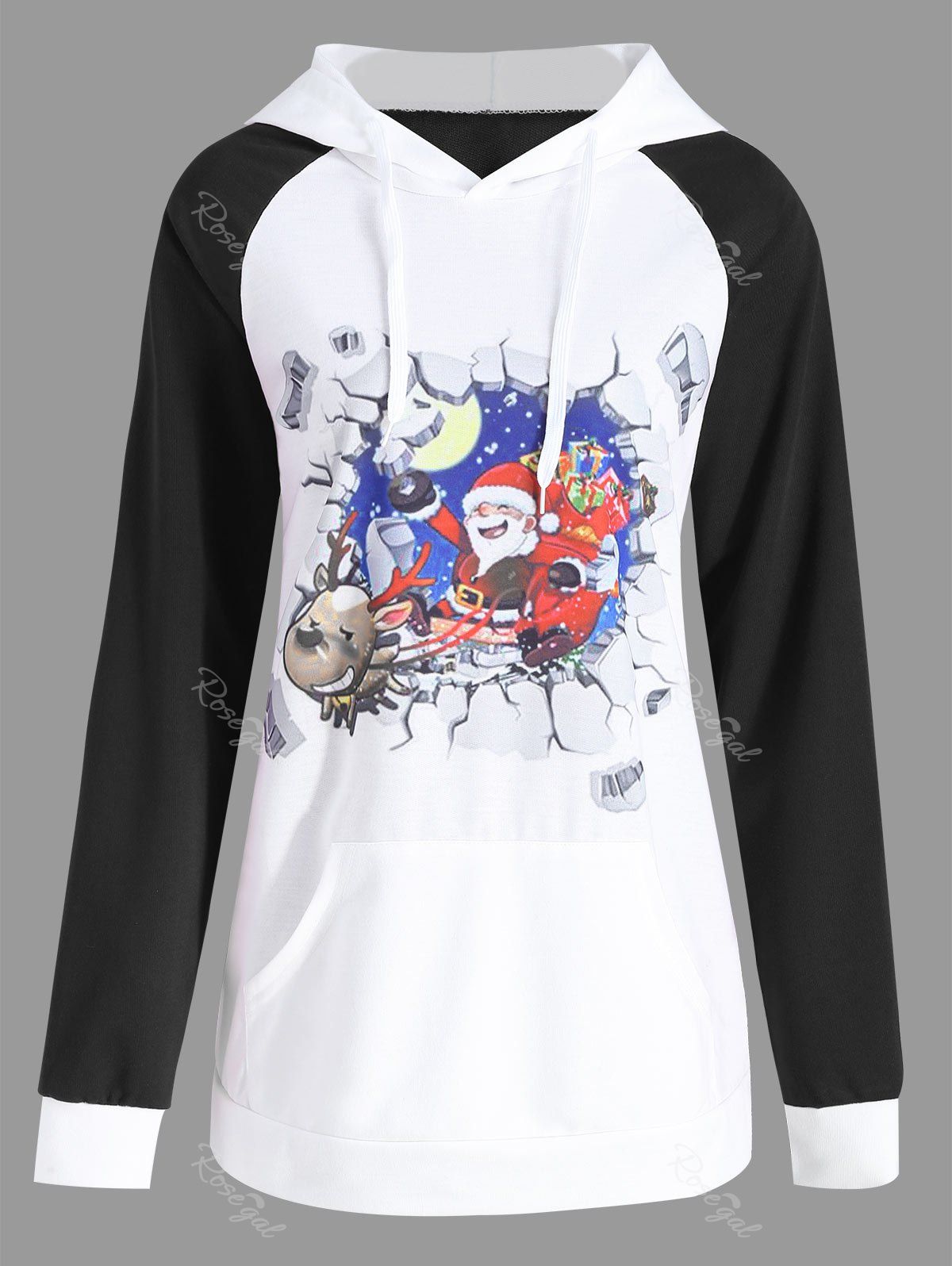 

Plus Size Christmas Santa Claus Elk Print Hoodie, Black