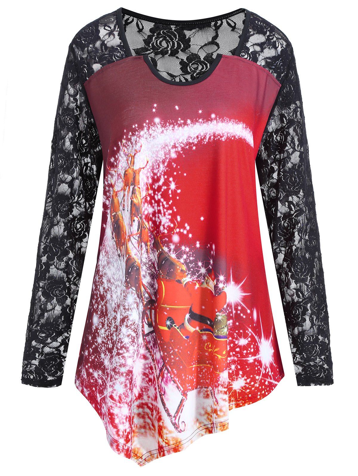 

Christmas Santa Claus Plus Size Lace T-shirt, Wine red