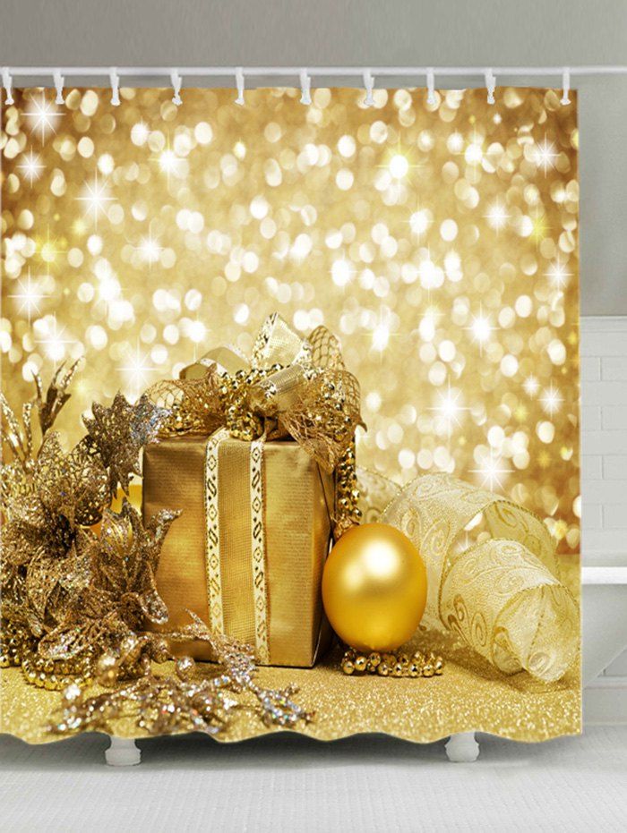 

Christmas Gift Bauble Print Fabric Waterproof Bathroom Shower Curtain, Golden