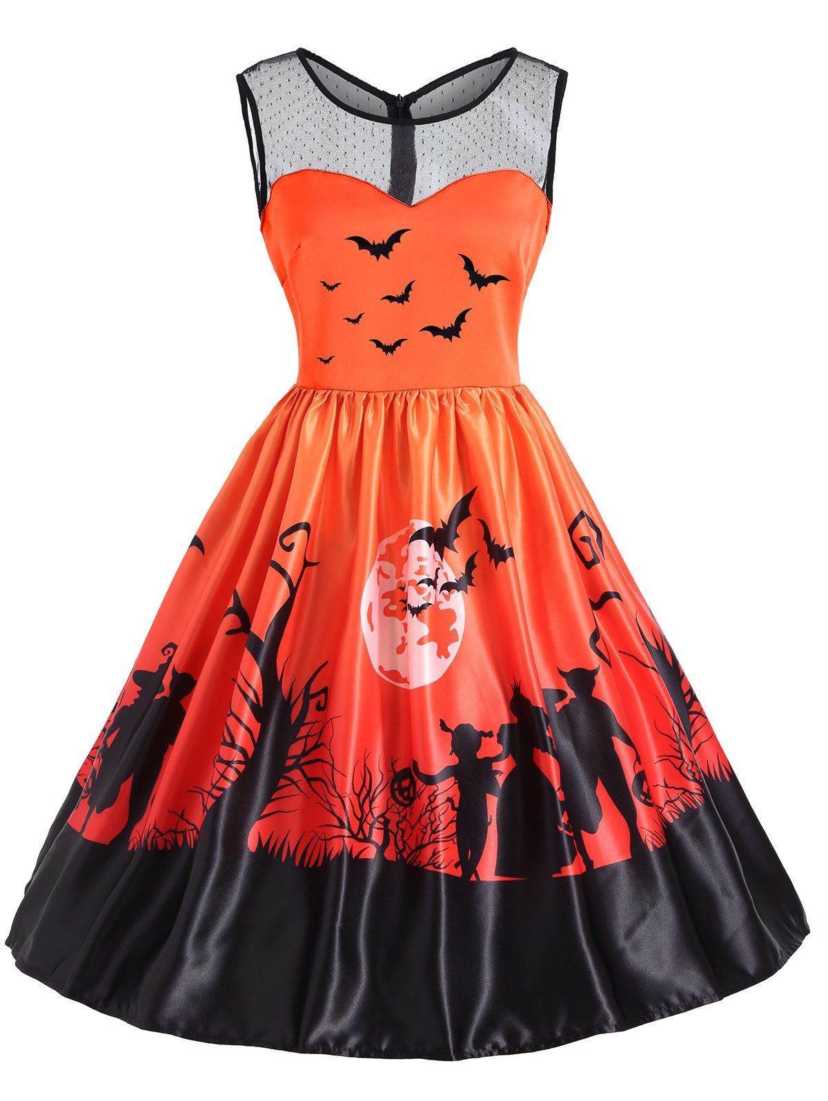 [69% OFF] Mesh Yoke Halloween Bat Moon Print Dress | Rosegal