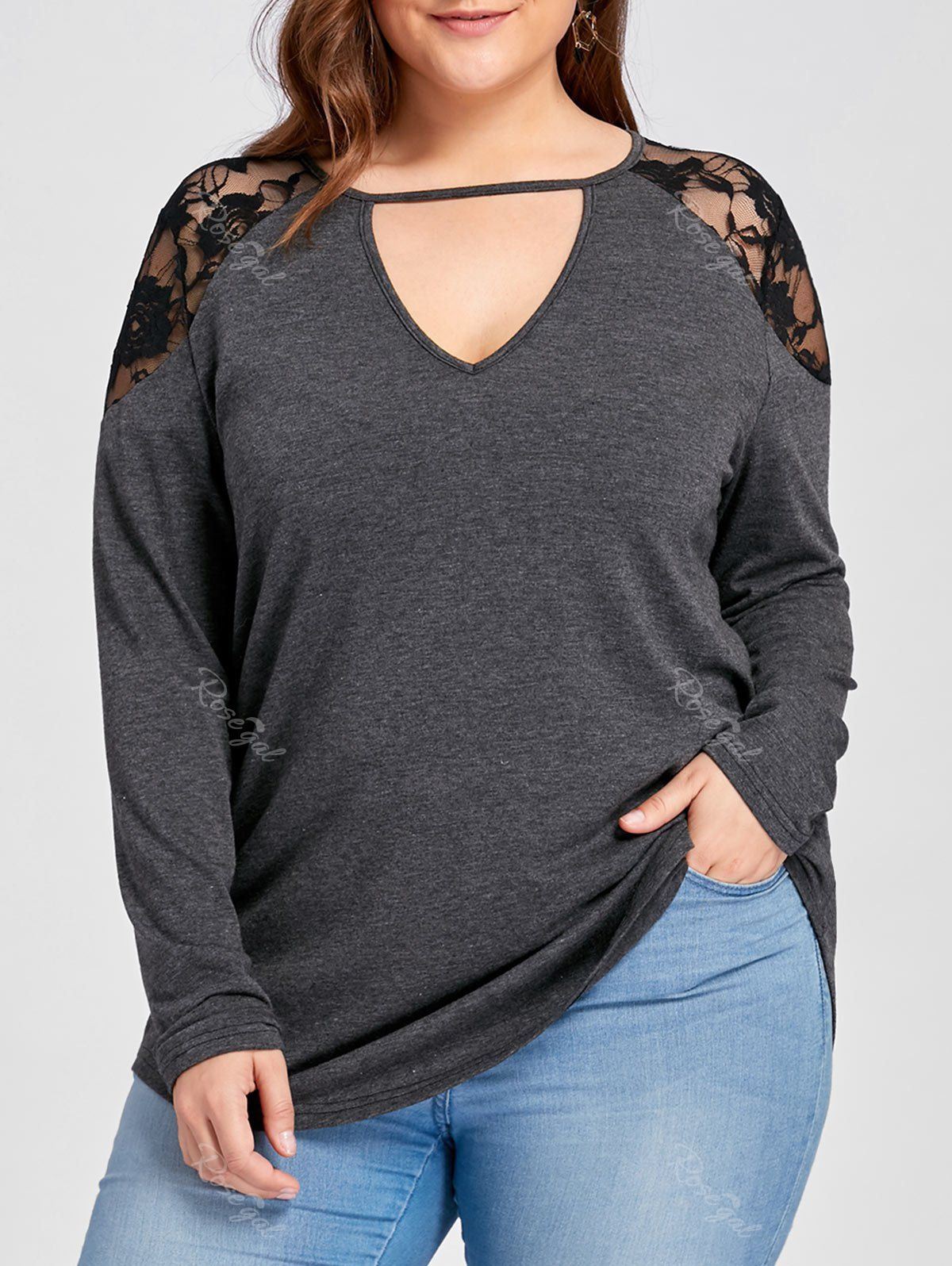 

Plus Size Keyhole Neck Curved Tunic Tee, Deep gray