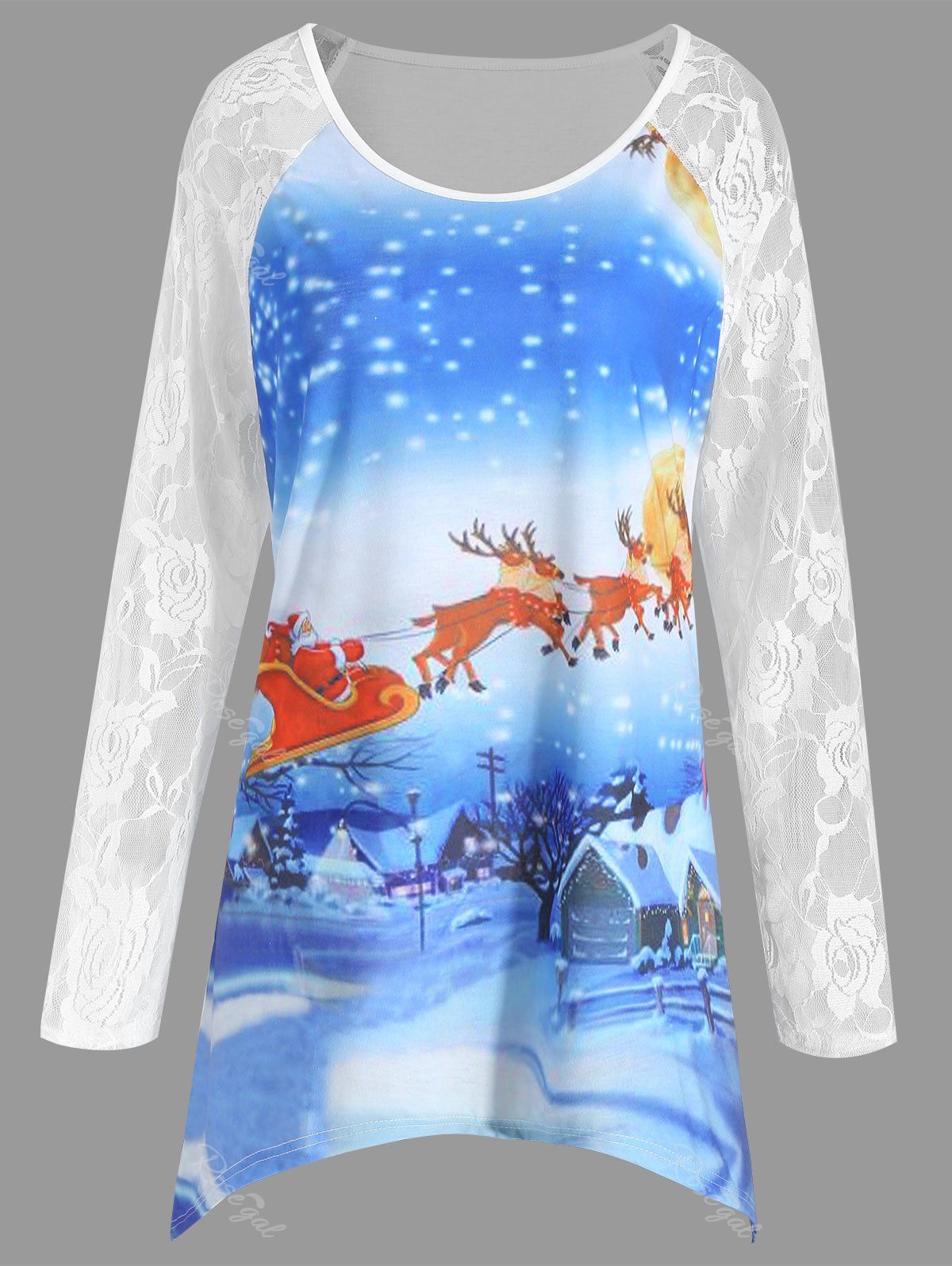 

Plus Size Christmas Santa Claus Elk Lace Tee, White