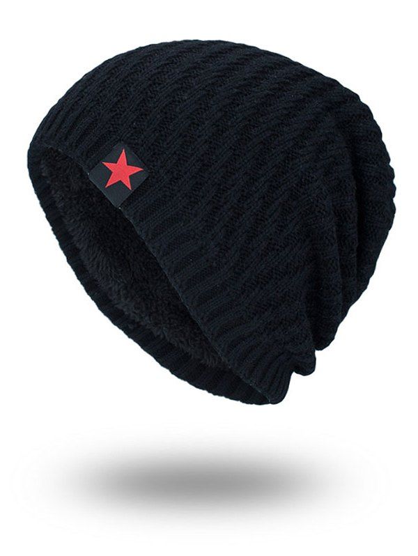 

Star Label Embellished Stripy Thicken Knit Hat, Black