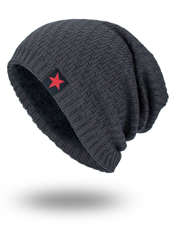 

Star Label Embellished Stripy Thicken Knit Hat, Deep gray